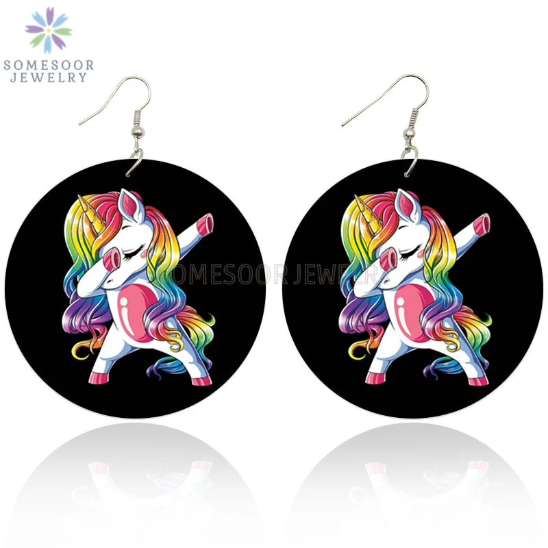 SOMESOOR двусторонняя печать милый Единорог африканские деревянные висячие серьги