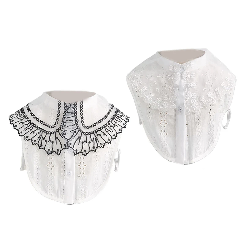 

Women Lapel Organza Embroidery Faux Collar Hollow Out Floral Lace Half Shirt