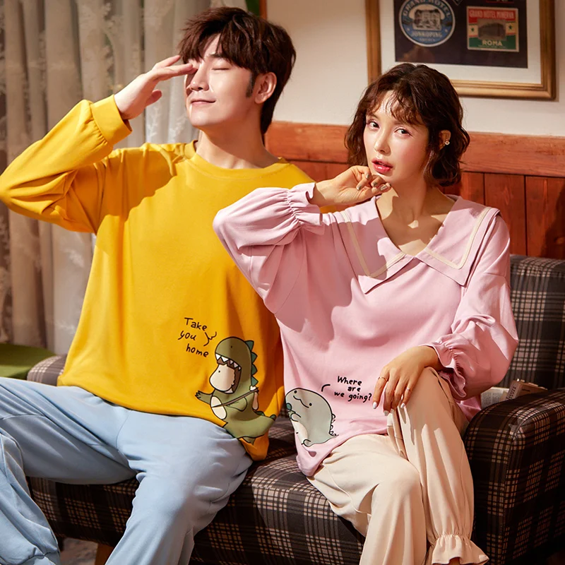 Новинка осенне-зимние хлопковые Пижамные комплекты для пар брюки с круглым