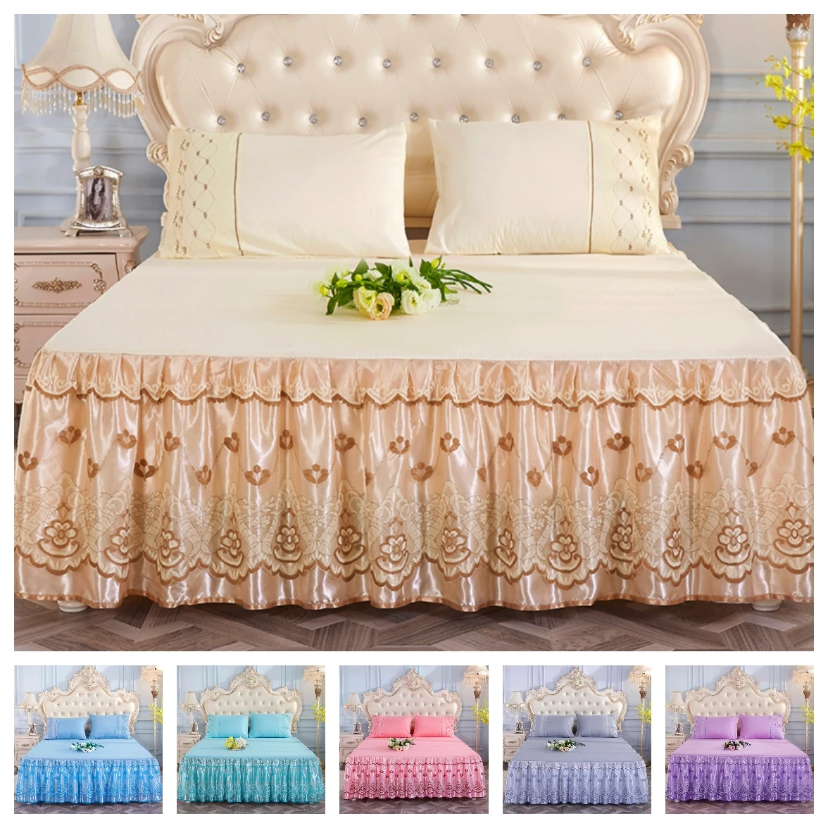 

2020 Princess Bedding Solid Ruffled Bed Skirt Pillowcases Lace Bed Sheets Mattress Cover King Queen Full Twin Size Bed Cover