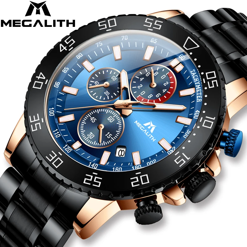 MEGALITH New Stainless Steel Watches Men Waterproof Luminous Quartz Wristwatch Chronograph Clock Male Fashion Sports Watch 8087 | Наручные