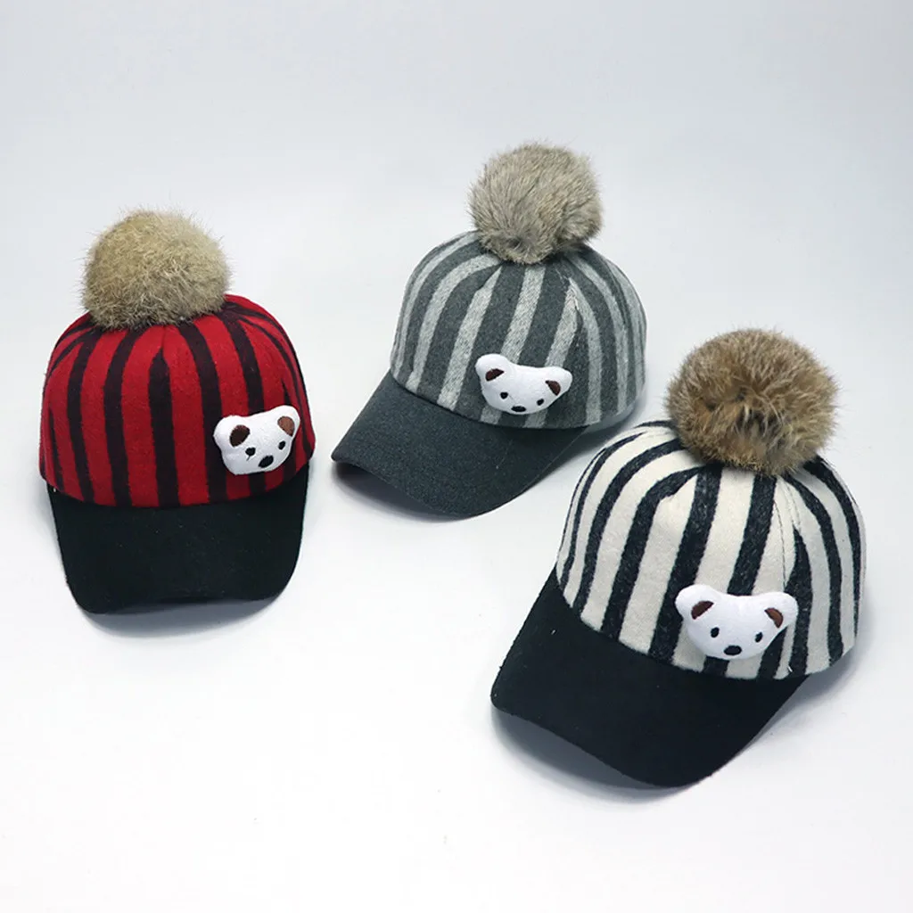 Fashion Children Woollen Cloth Stripe Little Bear Hair Ball Baseball Cap Hat new born photography baby boy clothes gorro | Детская