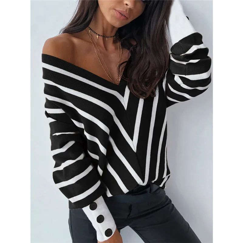 

Fashion Off Shoulder Sweater Women Autumn Winter 2021 Ladies Knitted Sweater Women V-neck Full Sleeve Jumper Pullovers Knitwear
