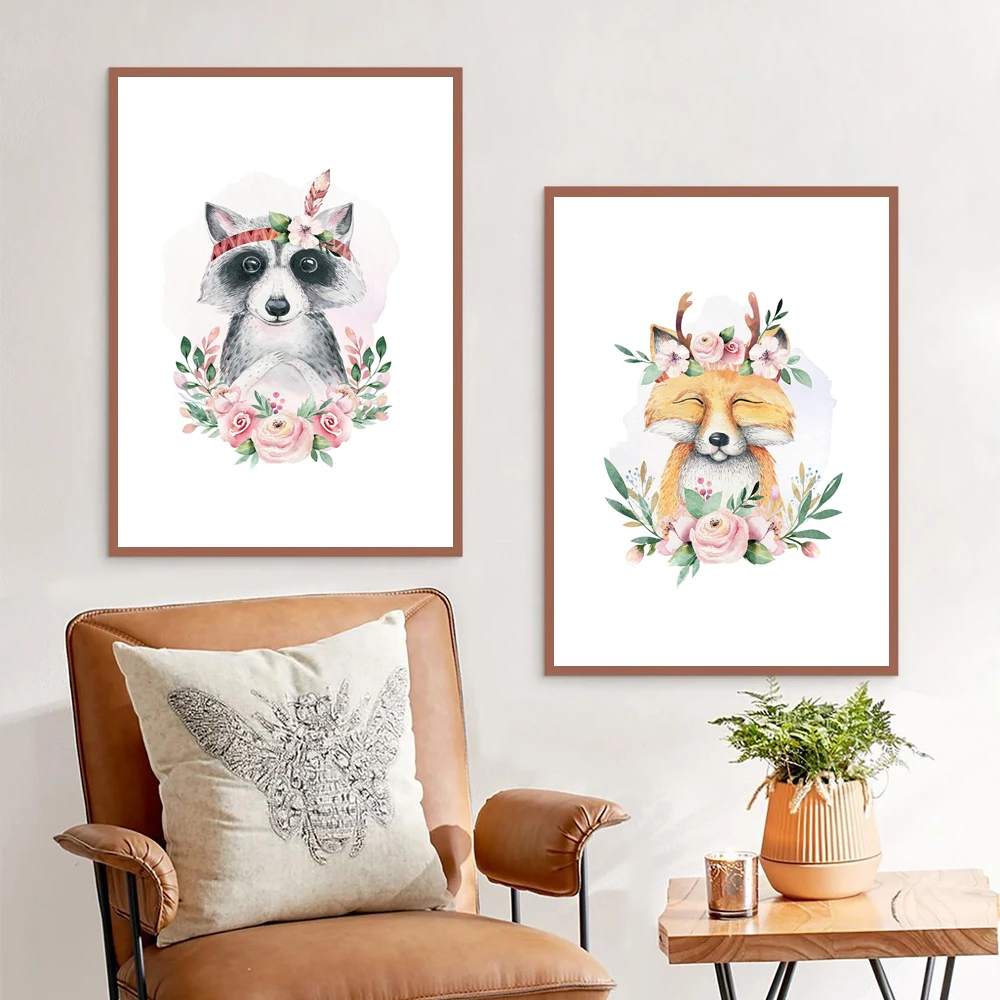 

Wall Art Nordic Cartoon Poster Animal Owl Fawn Deer Squirrel Canvas Painting Prints Room Decor Bedroom Home Decoration Pictures