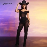 free shipping autumn sexy tulle pants set womens card shoulder short sleeve concealed net yarn jumpsuit pants two piece set
