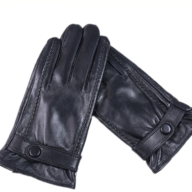Мужские зимние перчатки из натуральной кожи теплые черные с сенсорным экраном