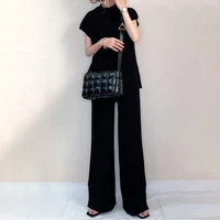 women two pieces sets basic black t shirt wide legs pants set fashion solid loose suits 2022 autumn korean casual simple suits