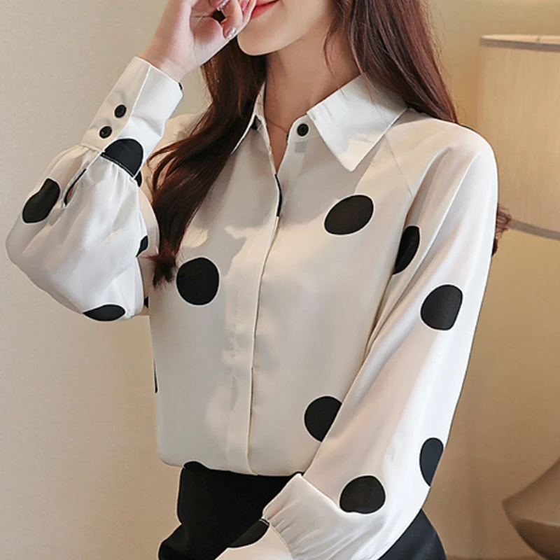 

Blusas Mujer De Moda 2021 Long Sleeve Blouse Women Dot Chiffon Blouse Shirt Turn Down Collar Office Blouse Women Blouses B702