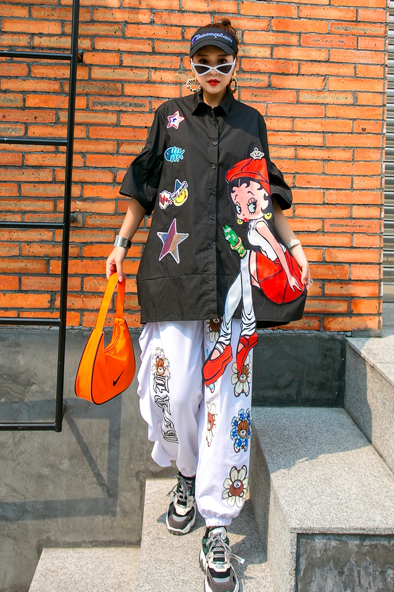 

Thailand tide brand cartoon loose large size shirt female fashion printing nail beads wide leg beam pants two-piece summer