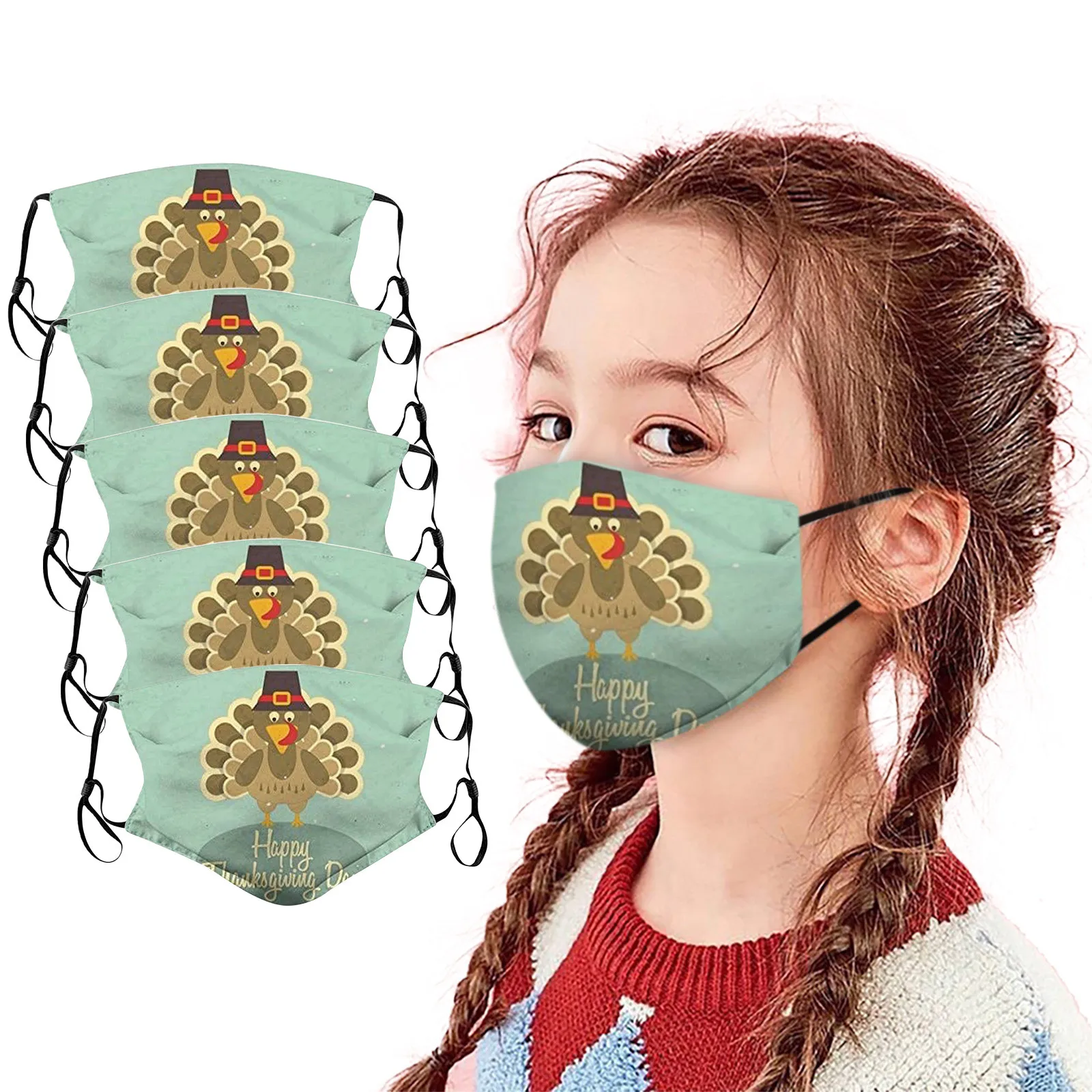 

5PC Children's Thanksgiving Print Mouth Mask mondkapjes Cloth Pocket Mask Mouth Cover For Man And Women
