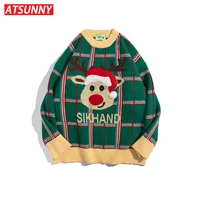 atsunny christmas elk sweater fashion cartoon knitted sweaters pullover harajuku style man autumn and winter clothes streetwear
