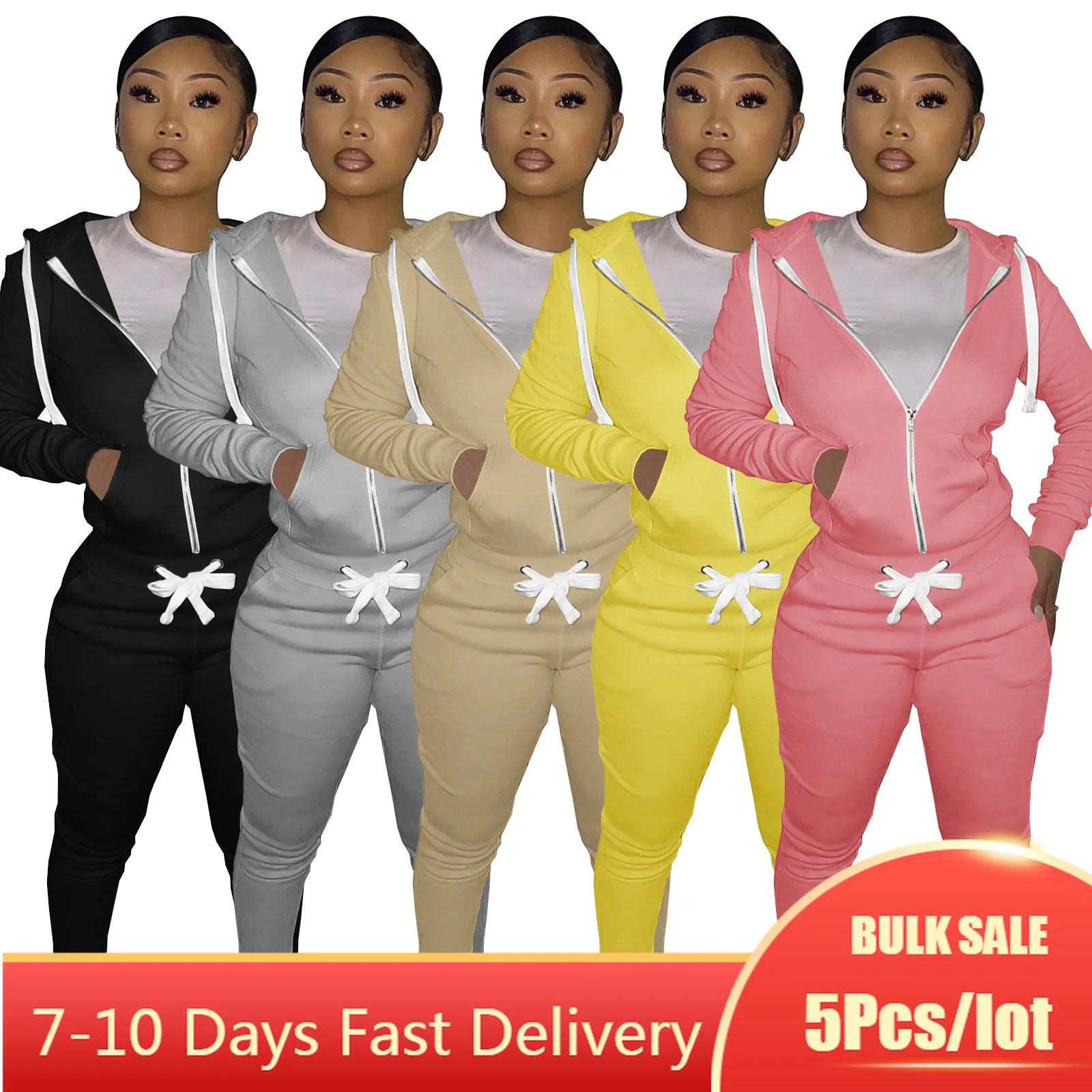 

5PCS Bulk Item Wholesale Lots Women Sportsuits Two Piece Set Zipper Hoodies Drawstring Pants Winter Fall 2 Piece Streetwear 2021