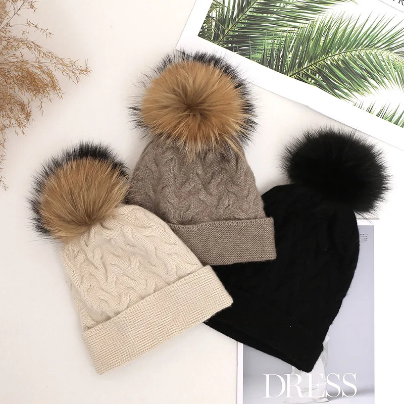 

10% Cashmere Hat 2021 Autumn and Winter Ladies Hedging Hat Thick Warm Beret Twist Hair Ball Unisex Ear Protection Hat