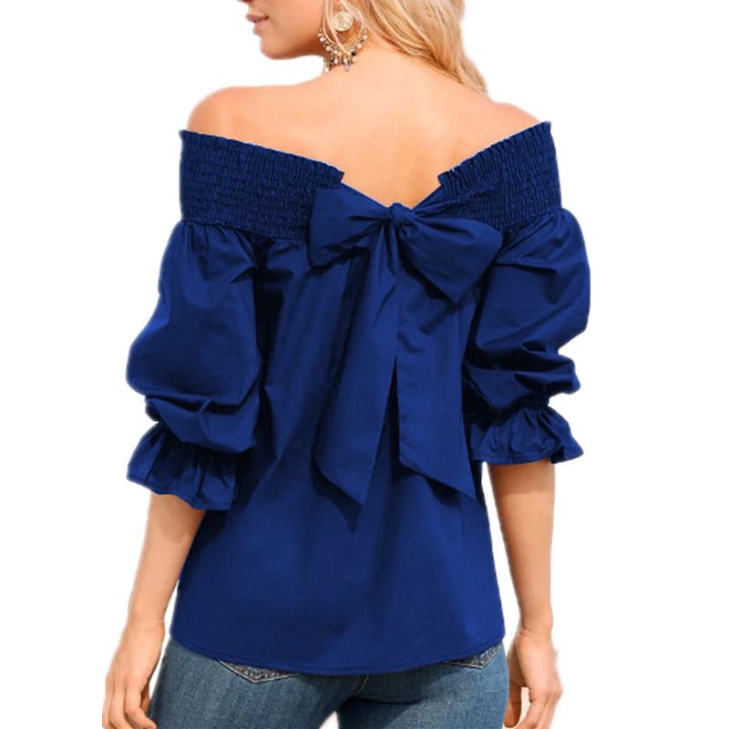

New Sexy Off Shoulder Spring Summer Strapless Women Blouse Bowknot Tops Slash Neck Shirts Casual Loose Blusas Plus Size