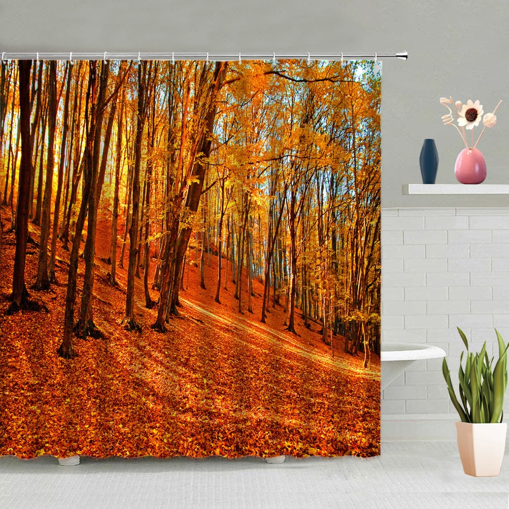 

Autumn Forest Scenery Shower Curtain Set Red Maple Woods Plant Fallen Leaves Home Bathroom Deco Hanging Curtains Bathtub Screens