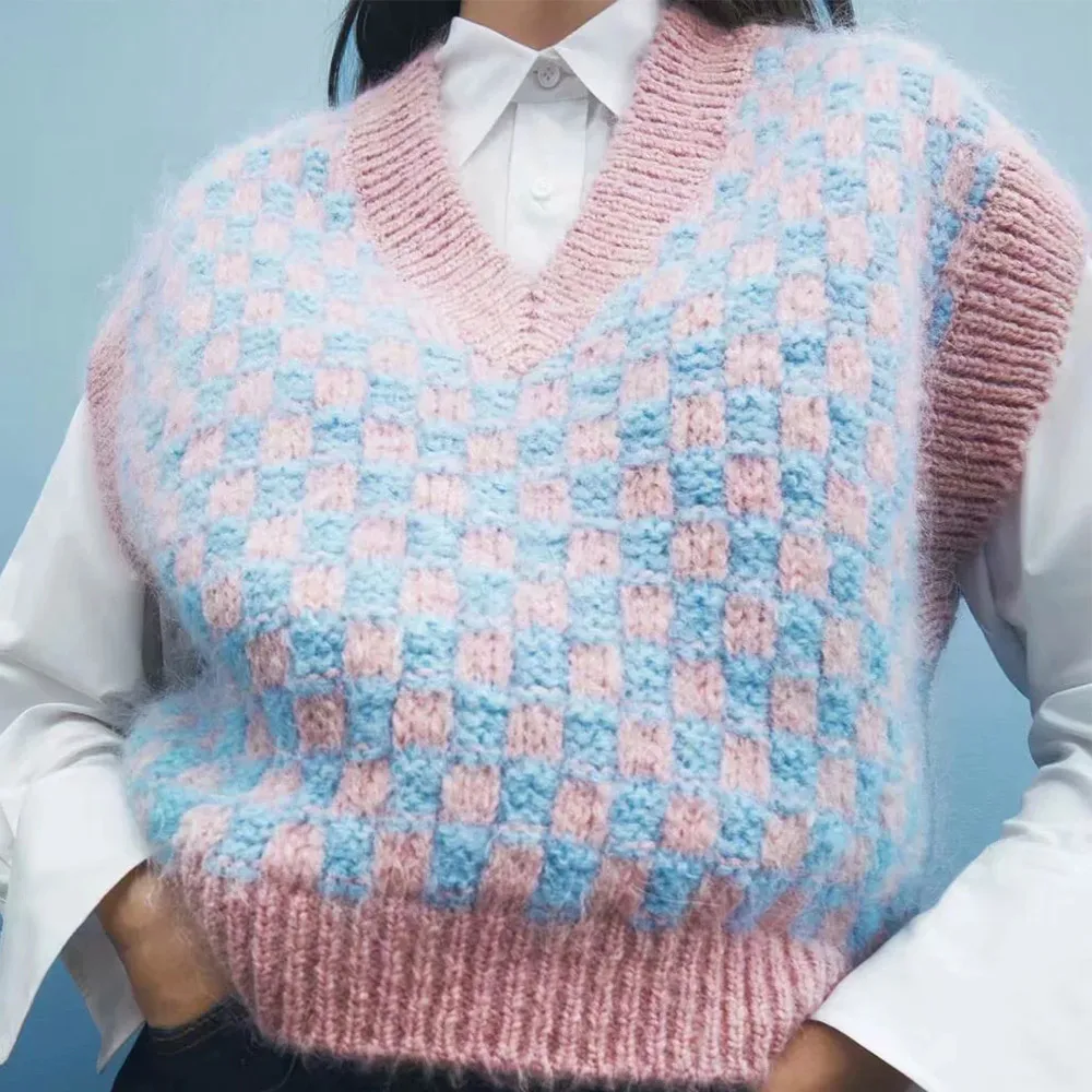 

Autumn Winter Latest Ins Sweet College Style Loose Sweater All-match Knit Vest Female Pink V-neck Plaid Knitwear Pullover