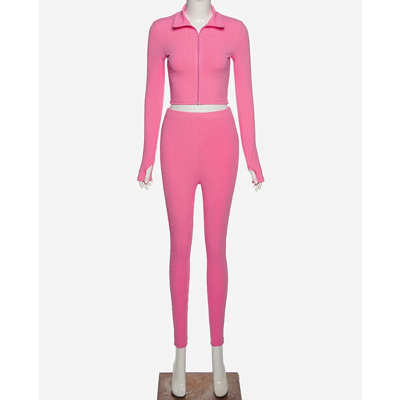 

Fitness Knit Ribbed Letter Print Two Piece Set Crop Top + Long Pants Skinny Turn Down Collar Tracksuit Outfit