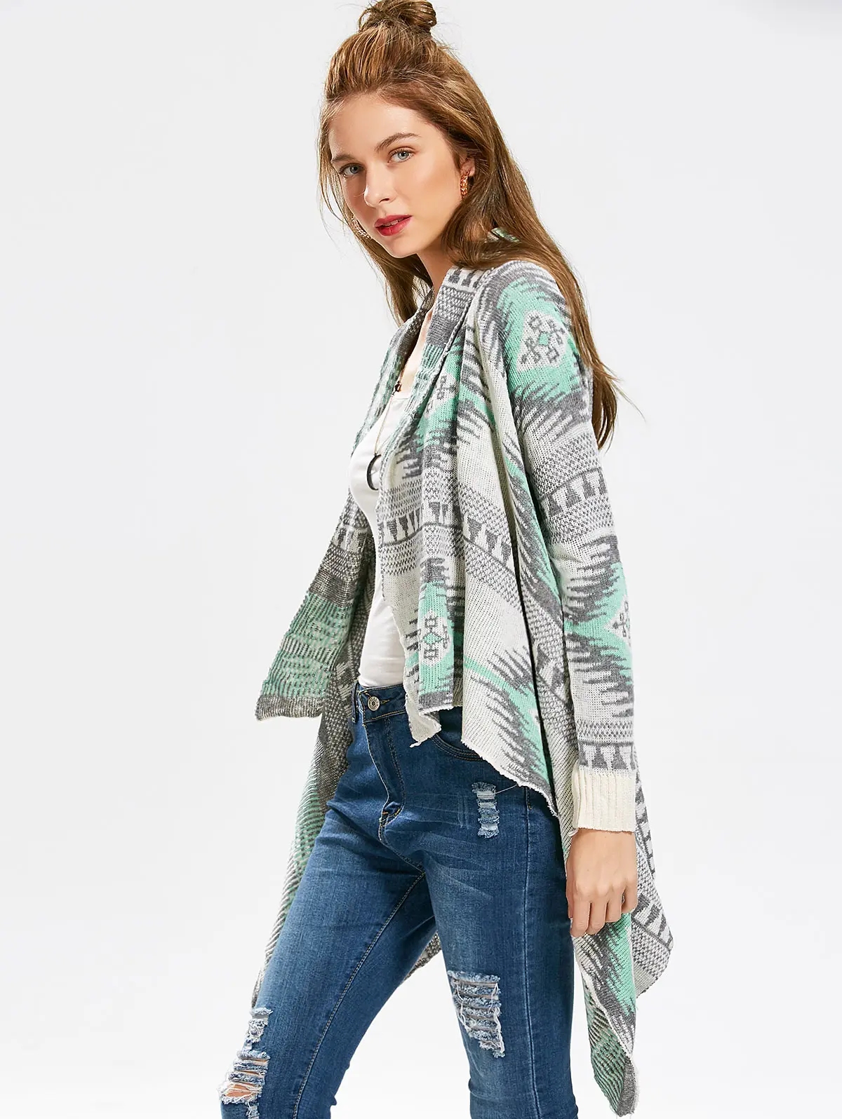 Women Cardigans Geometric Printed Long Sleeve Asymmetric Cardigan Sweater Female Clothes Ladies Tops Knit Outwear |