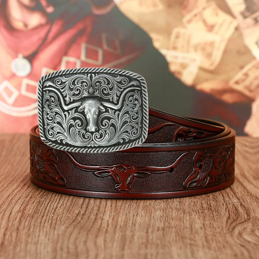 

Western Cowboy Men's Leather Retro Bull Head Pattern Belt
