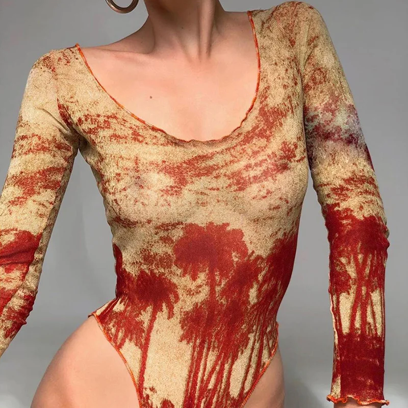 

New Summer Bodycon Jumpsuit One Word Collark Printing Long Sleeve Fashion Basic Playsuit Street Casual Jumpsuit Mujer