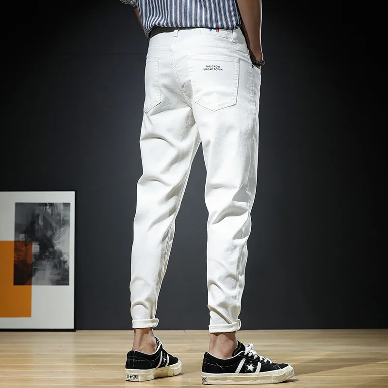 Summer Men Jeans White Pants Streetwear Slim Fit Stretch Denim Trousers Fashion Letter Printed Pantalones Hombre Vaqueros Ropa