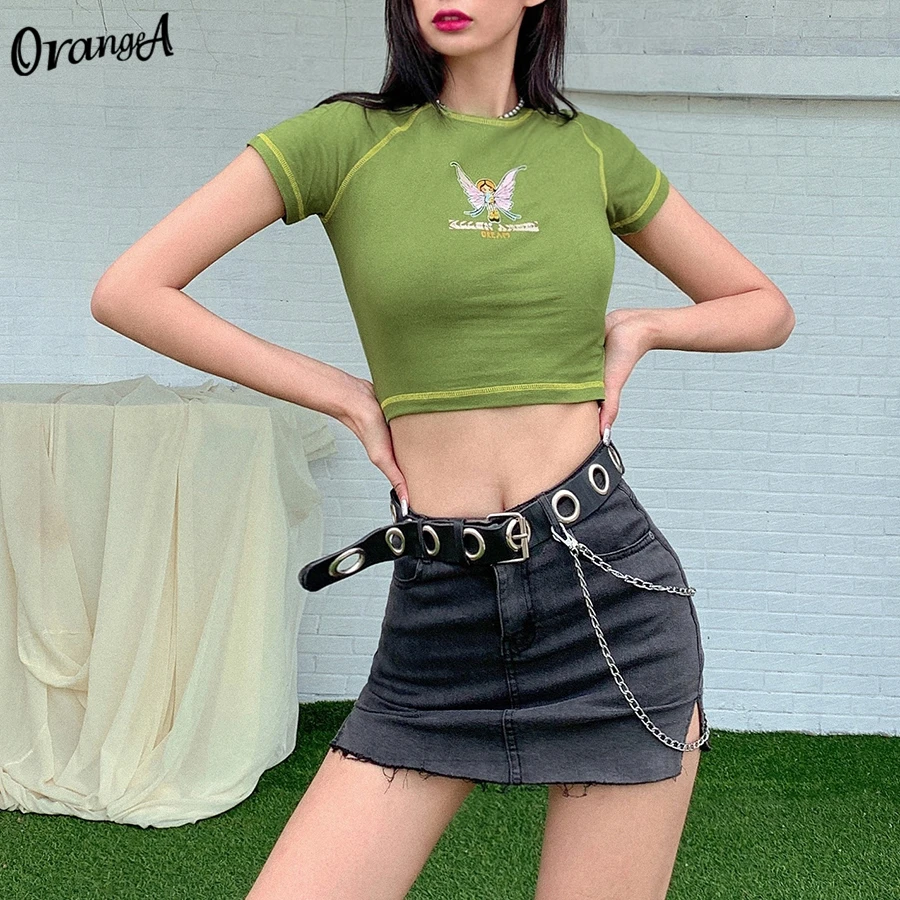 Оранжево принтовые тройники женские Покемон кроп Топ Лето 2021 Модная хлопковая