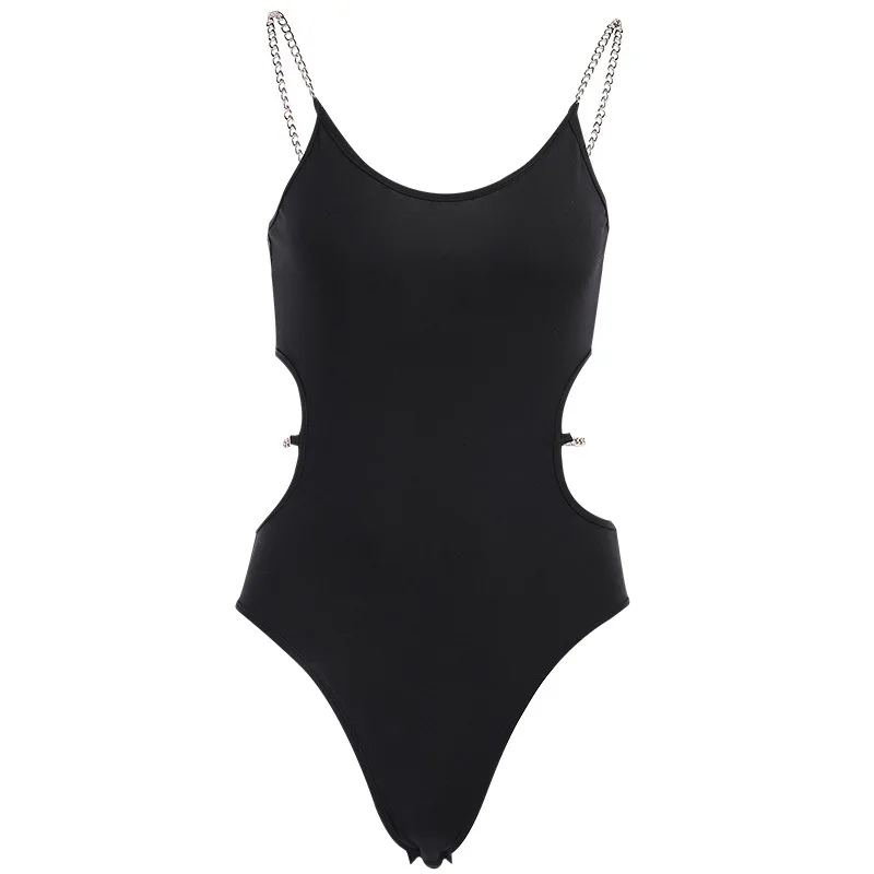 

Shestyle Chain Strappy Black Body for Women Sexy Hollow Out Summer Stylish High Street Skinny Scoop Neck Bodysuits Club Tops