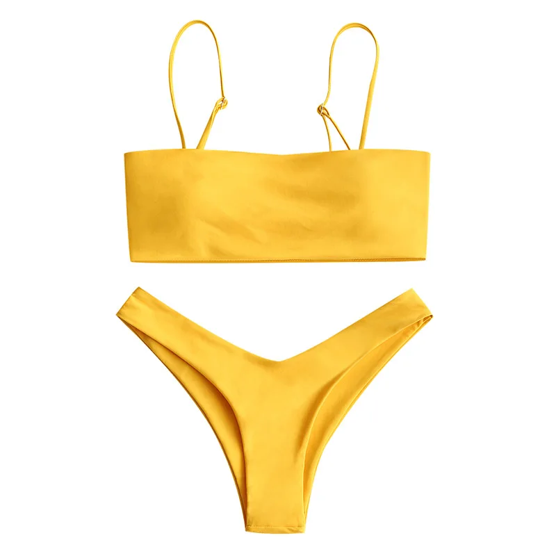 Yellow ZAFUL Бикини Бикини Набор Эластичный Провод Бесплатный Твердый Купальник Пляжный Купальный Костюм Женщины Купальники бикини - Цвет: Yellow
