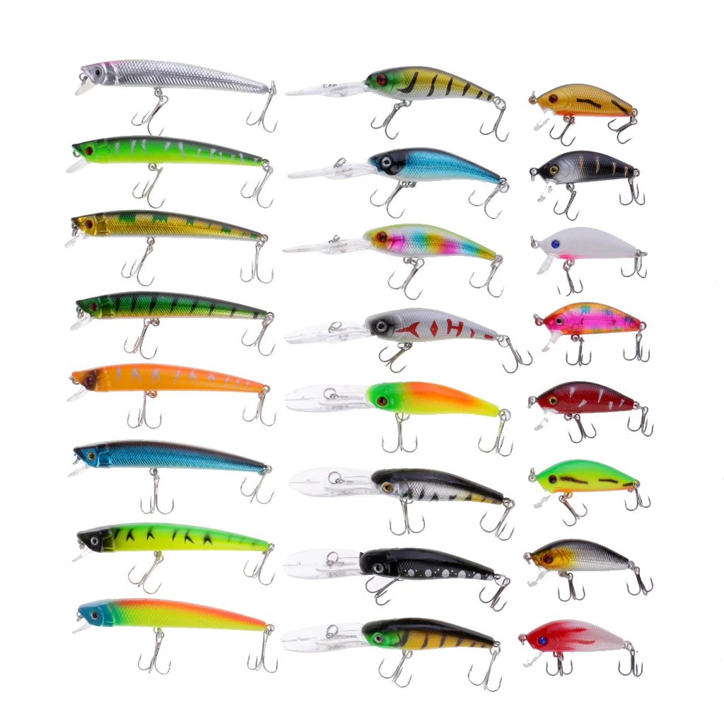 24pcs Fishing Lures Large Hard Bait Minnow with Treble Hook Life-like Swimbait 3D Eyes Popper Crankbait | Спорт и развлечения