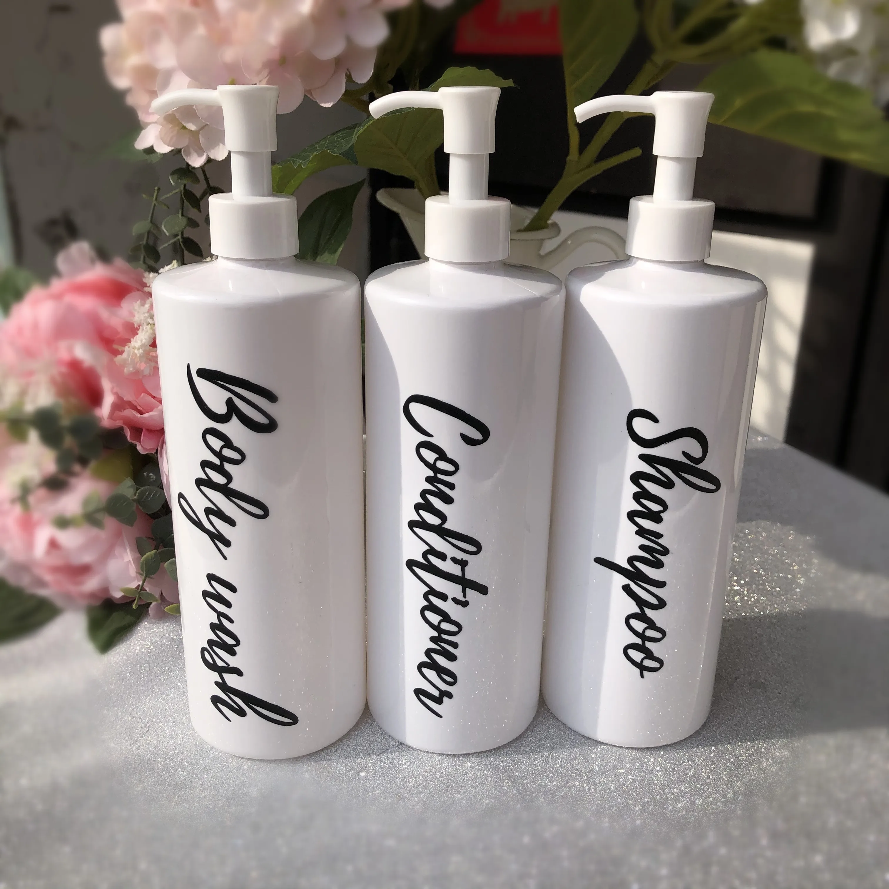 

Personalized shampoo bottle Bathroom storage White Body wash Conditoner bottle with stickers