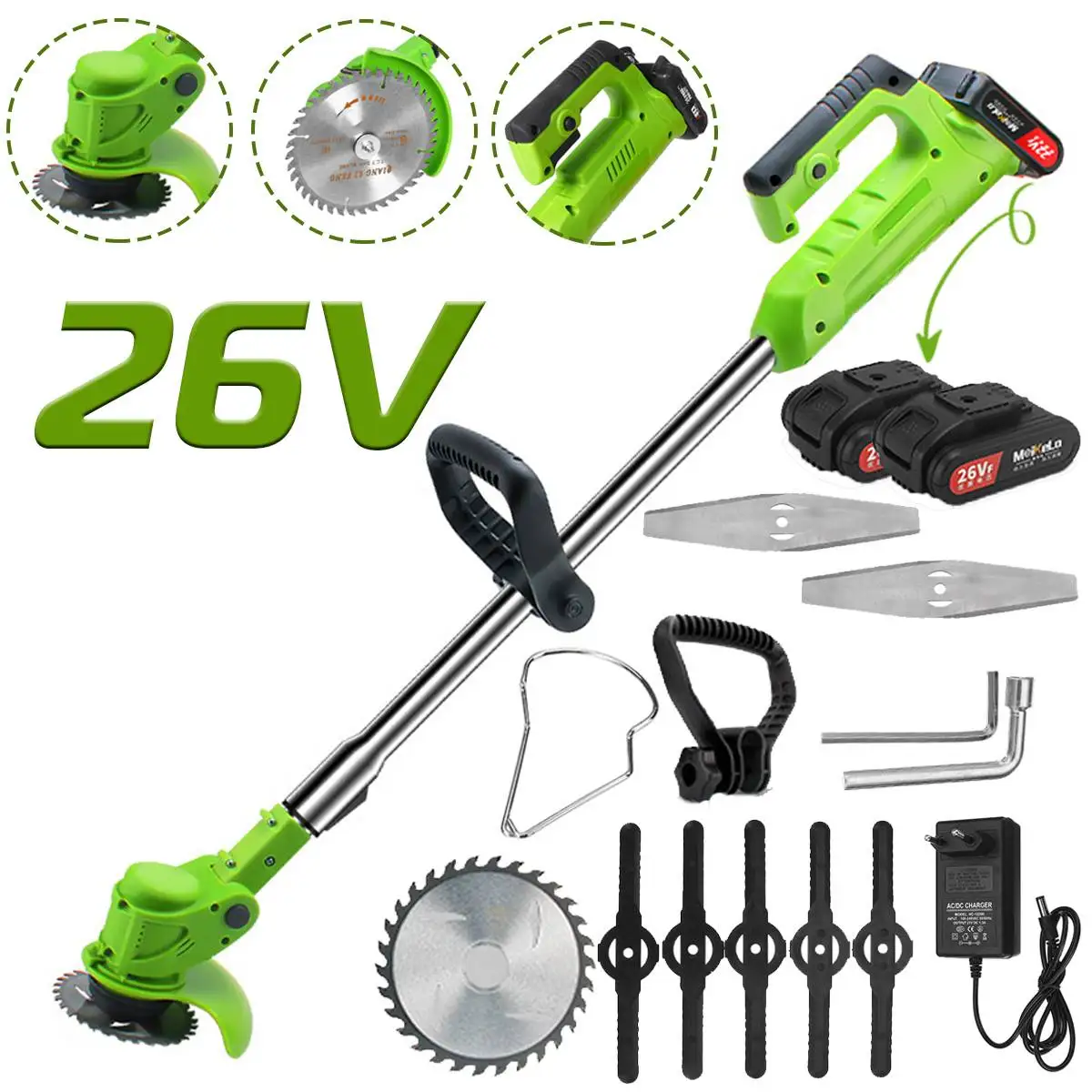

26V 1000W Electric Lawn Mower Cordless Grass Trimmer Adjustable Lawn Mower Pruning Cutter Garden Tool+1/2Pcs Li-ion Battery