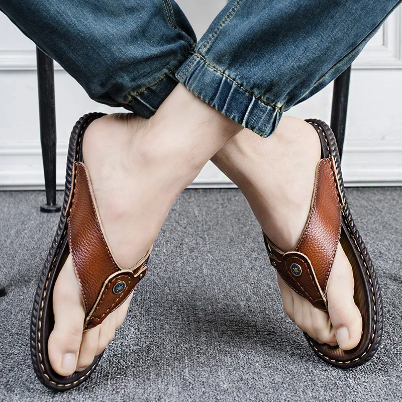 Летние новые стильные вьетнамки из воловьей кожи повседневные кожаные Вьетнамки