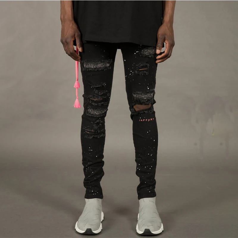Новые обтягивающие мужские джинсы Уличная рваные Homme хип хоп сломанные Карандаш