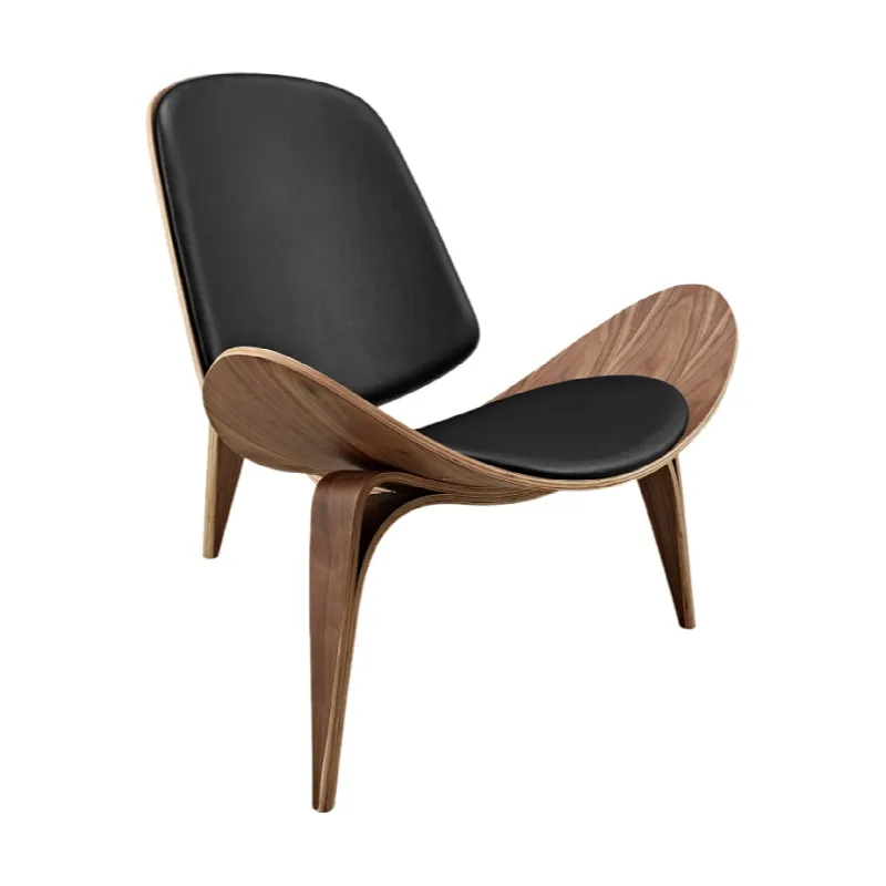 Silla de concha de tres patas, réplica de silla de madera contrachapada, color negro, imitación de cuero, moderna, para sala de estar
