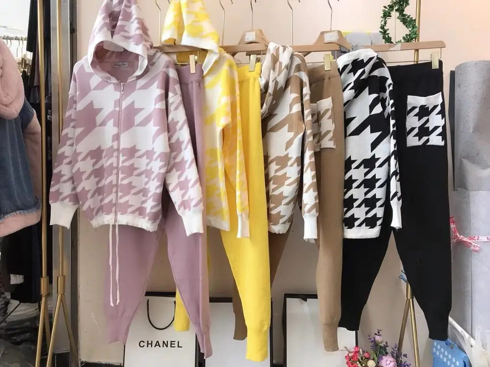 ALPHALMODA новый стиль клетчатый свитер с капюшоном куртка + брюки женские зимние 2 шт.