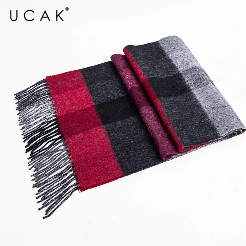 UCAK Brand Autumn Winter Warm Scarfs Soft Men Women Casual Plaid Pure Wool Scarf Shawl Wrap Knit Long Striped With Tassel A16