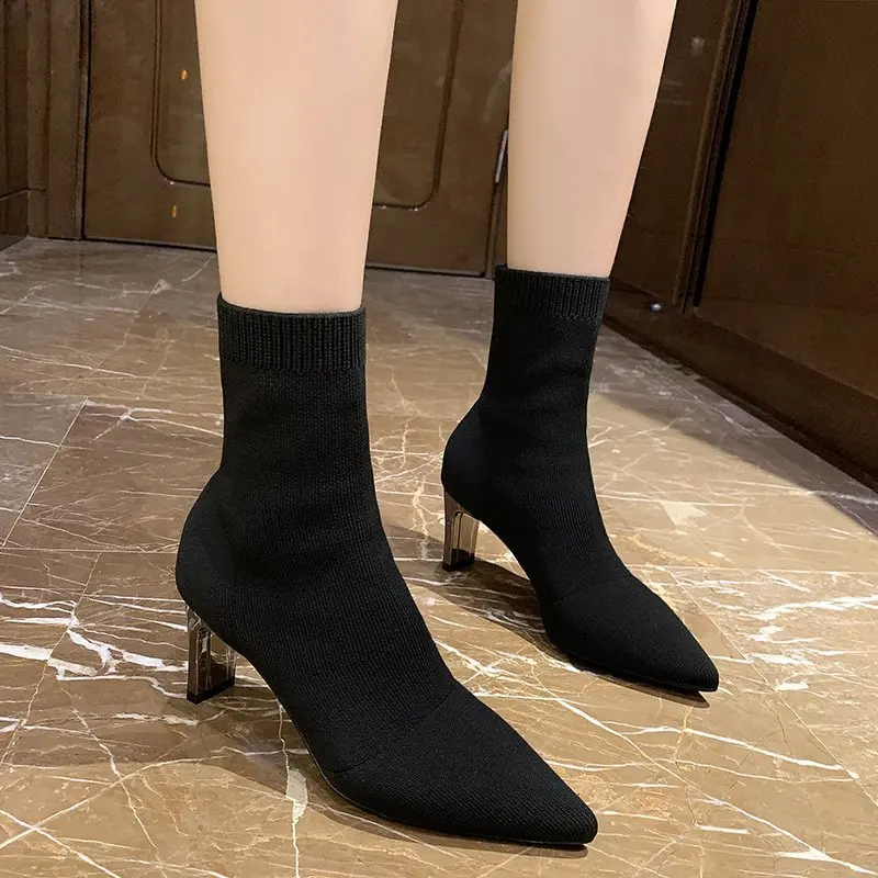 

Autumn and winter 2020 new red thin medium socks high heel thin heel pointed black women's Boots