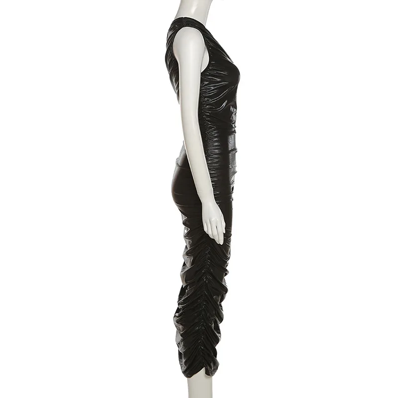 

ANGELS Solid Leather Maxi Dress For Women Sexy Skinny Sleeveless Slanted Back Bandage Shirring Slim Club Female Skirts AG31860