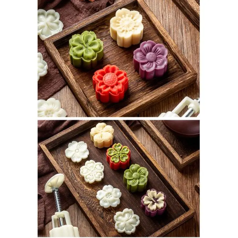 

50g Mooncake Mold 4pcs Hibiscus Cherry Stamps Hand Press Moon Cake Pastry Mould