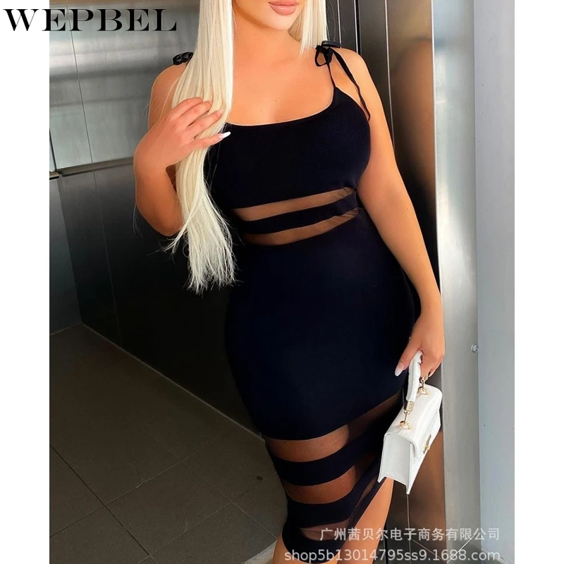 

WEPBEL Dress Women's Sexy Mesh See-through Slim Fit Patchwork Dress Summer Backless O-Neck Spaghetti Strap High Waist Dress
