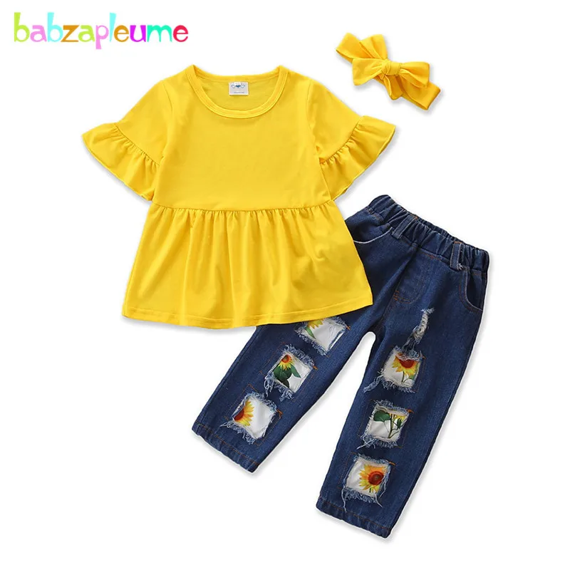 

Летний наряд для маленьких девочек, детская одежда, модная однотонная Детская футболка с коротким рукавом + джинсы с дырками + повязка на гол...