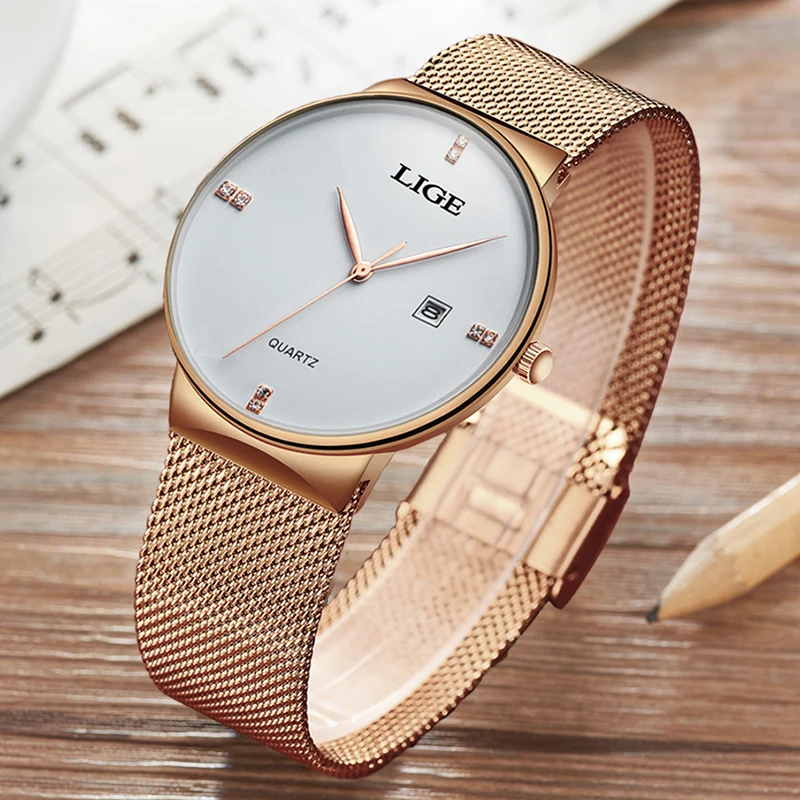 Reloj Mujer 2020 LIGE женские часы модные ультратонкие под платье с сетчатым ремешком