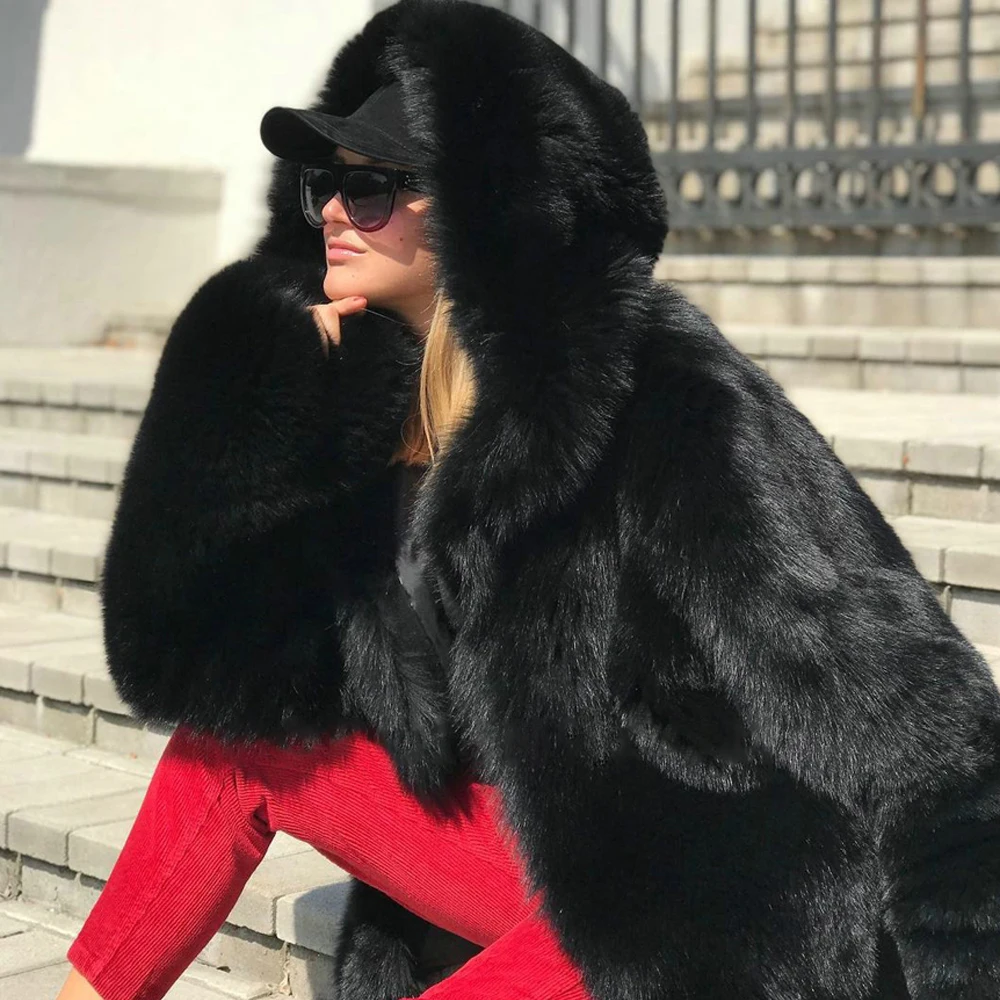 Black Genuine Fox Fur Coat with Hood Thick Warm Fur Overcoat Luxury Women Full Pelt Real Fox Fur Jacket Medium Length Outwear