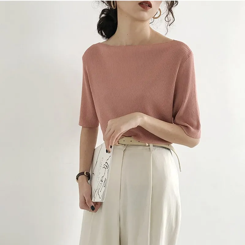 2019 Летняя женская повседневная однотонная трикотажная футболка с коротким