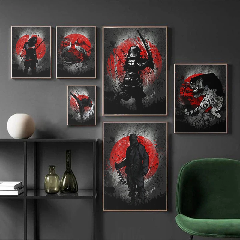 

Japanese Ink Canvas Art Print Poster Samurai Black Red Wall Art Paintings for Living Room Decoration Home Decor