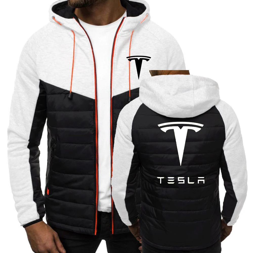 

Unisex Autumn Men Parka Cotton Padded Tesla Car Logo Male Splice Color Man Zipper Coat Print Winter Warm Sportwear Jackets