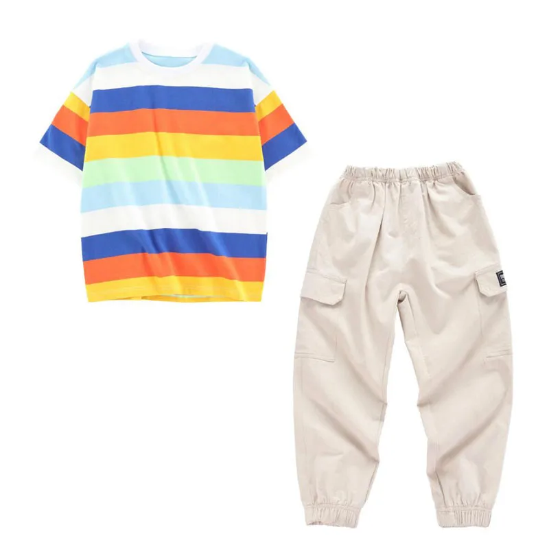 2 pieces set Детский комплект одежды для джазовых танцев, рубашка в радужную полоску для мальчиков и девочек, джинсовые штаны, танцевальные костюмы в стиле хип-хоп для улицы 6, 8, 10, 12, 14, 16 лет - Цвет: 2 pieces set