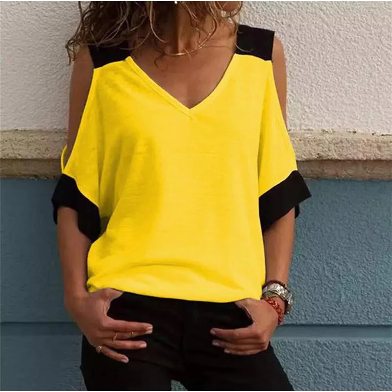 

Women Blouse Patchwork Cold Shoulder shirt 5XL Plus Size Tops V-Neck Half Sleeve Female Tee Shirt Summer Casual Shirt