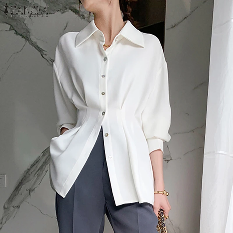 

Fashion Pleated Women's Shirts 2021 Spring Office Lady Long Sleeve Bandage Tops ZANZEA Casual Solid Loose Oversized Blusa Femme