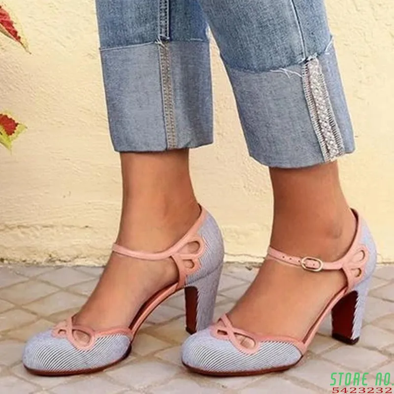 

Туфли-лодочки женские на высоком квадратном каблуке, ремешок с пряжкой, круглый носок, повседневная обувь для вечеринки, свадьбы, большие ра...